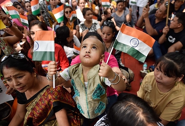 Gorakhaland supporters protest at Jantar Mantar in New Delhi against the West Bengal government demanding  a separate state. (Ravi Choudhary/Hindustan Times via GettyImages)