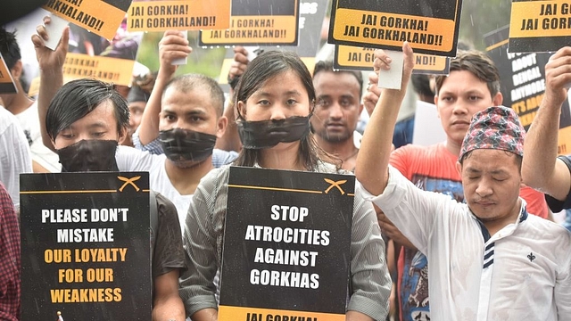 Supporters of Gorkhaland hold a peaceful protest against the imposition of Bengali language  at Azad Maidan in Mumbai, India. (Anshuman Poyrekar/Hindustan Times via GettyImages) &nbsp;