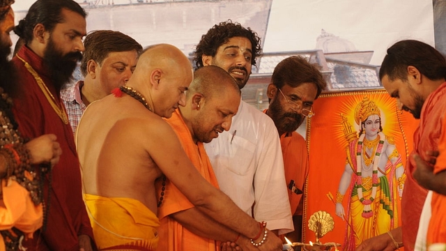 Yogi Adityanath became the first Uttar Pradesh Chief Minister in 15 years to pray at the makeshift Ram temple. (Deepak Gupta/Hindustan Times via Getty Images)