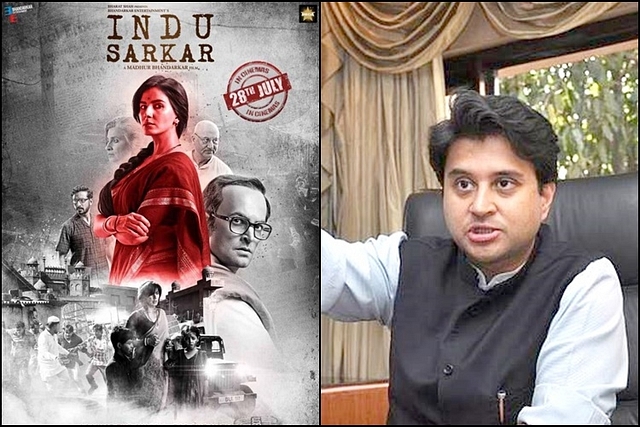 Indu Sarkar poster(L) and 
Congress spokesperson Jyotiraditya Scindia (R).

