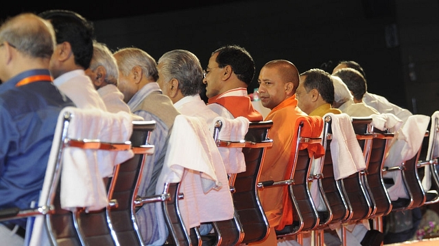 Uttar Pradesh Chief Minister Yogi Adityanath and Central Minister (Panchayati Raj) Narendra Singh Tomar with Deputy Chief Ministers Dinesh Sharma and Keshav Prasad Maurya at Rashtriya Panchayati Raj Diwas Programme  in Lucknow, India. (Ashok Dutta/Hindustan Times via Getty Images)