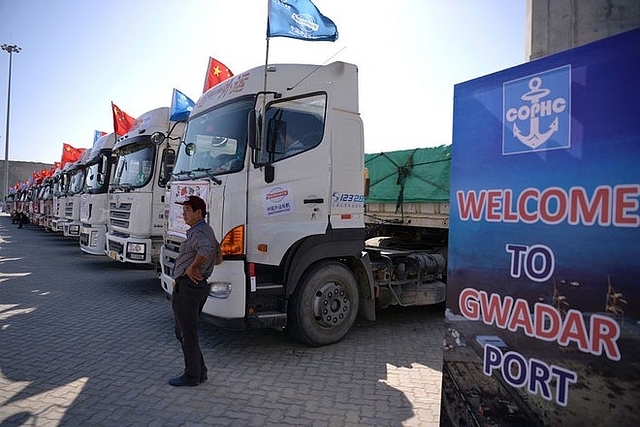 

Chinese trucks carrying first trade goods parked at the Gwadar port, some 700km west of Karachi. (AAMIR QURESHI/AFP/Getty Images)