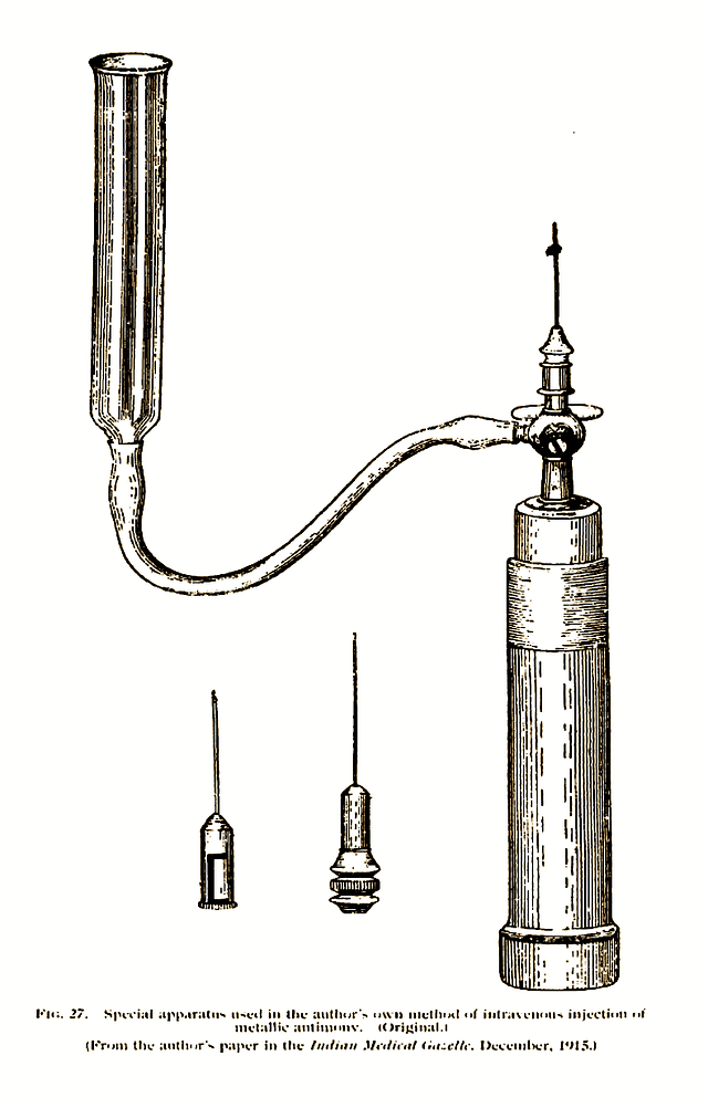Figure 2. Apparatus developed by Brahmachari for administering metallic antimony intravenously. (From ‘A Treatise on Kala-azar’, by Upendranath Brahmachari, John Bale, Sons and Danielson Limited, 1928)