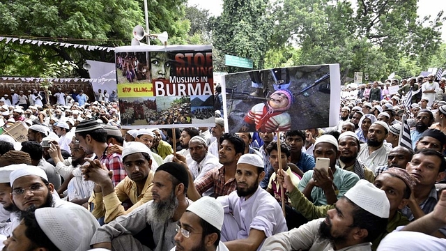 Members of Muslim community protest against the genocide of Rohingya Muslims in Myanmar at Jantar Mantar on 21 September 2017 in New Delhi, India. (Arun Sharma/Hindustan Times via GettyImages)