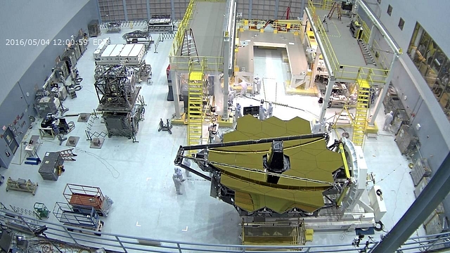 James Webb Space Telescope being turned over for instrument installation.



