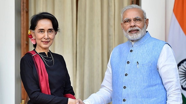  Prime Minister Narendra Modi with Myanmar’s Foreign Minister Aung San Suu Kyi ahead of a bilateral meeting at Hyderabad House, in 2016 in New Delhi.