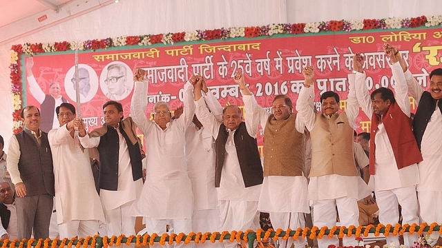 Samajwadi Party national president Mulayam Singh Yadav, Uttar Pradesh chief minister Akhilesh Yadav, state SP chief Shivpal Yadav, Rashtriya Lok Dal president Ajit Singh, Rashtriya Janata Dal chief Lalu Prasad and Janata Dal-United leader Sharad Yadav during Samajwadi silver Jubilee function at Janeshwar Mishra park, on November 5, 2016 in Lucknow, India. The ruling Samajwadi Party is celebrating 25th anniversary of its founding day in Lucknow. Samajwadi Partys silver jubilee function witnessed grand attendance of the Janata family with RJD leader Lalu Prasad Yadav, former prime minister and JDS leader HD Deve Gowda and JD (U) leader Sharad Yadav attending the event on Saturday. (Ashok Dutta/Hindustan Times via Getty Images)