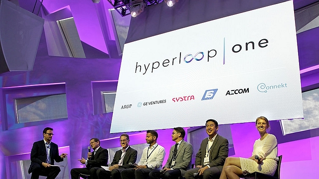 Rob Lloyd, CEO at Hyperloop One, moderates a panel discussion with partners during a press conference in Las Vegas, Nevada on May 10, 2016. (JOHN GURZINSKI/AFP/Getty Images)