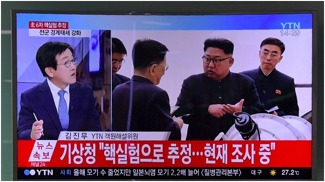 Television display broadcasting news of North Korea’s latest possible nuclear test.  (ED JONES/AFP/Getty Images)