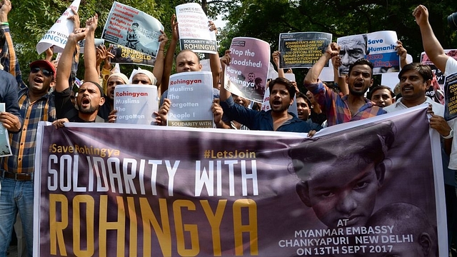 Indian demonstrators shout slogans as they take part in a protest against the treatment of Rohingya Muslims in Myanmar, as they try to march towards Myanmar embassy in New Delhi on September 13, 2017. (SAJJAD HUSSAIN/AFP/Getty Images)