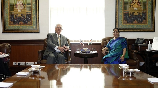 US Secretary of State Rex Tillerson in talks with Indian Foreign Minister Sushma Swaraj in New Delhi.&nbsp; (ALEX BRANDON/AFP/Getty Images)&nbsp;