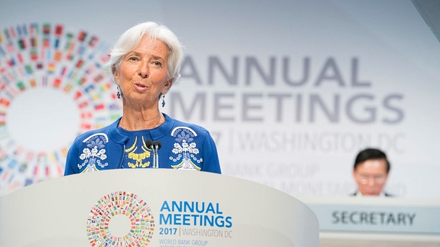 International Monetary Fund Managing Director Christine Lagarde speaks at the plenary session during the IMF/World Bank annual meetings on 13 October in Washington. (Stephen Jaffe/IMF via Getty Images)&nbsp;