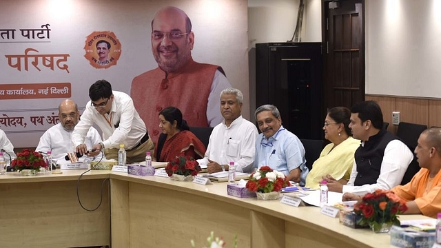 Prime Minister Narendra Modi and BJP President Amit Shah, during a meeting with 13 Chief Ministers of BJP-ruled states following the day-long meeting of the NITI Aayog Governing Council, at BJP HQ, on April 23, 2017 in New Delhi, India. (Arvind Yadav/Hindustan Times via Getty Images)