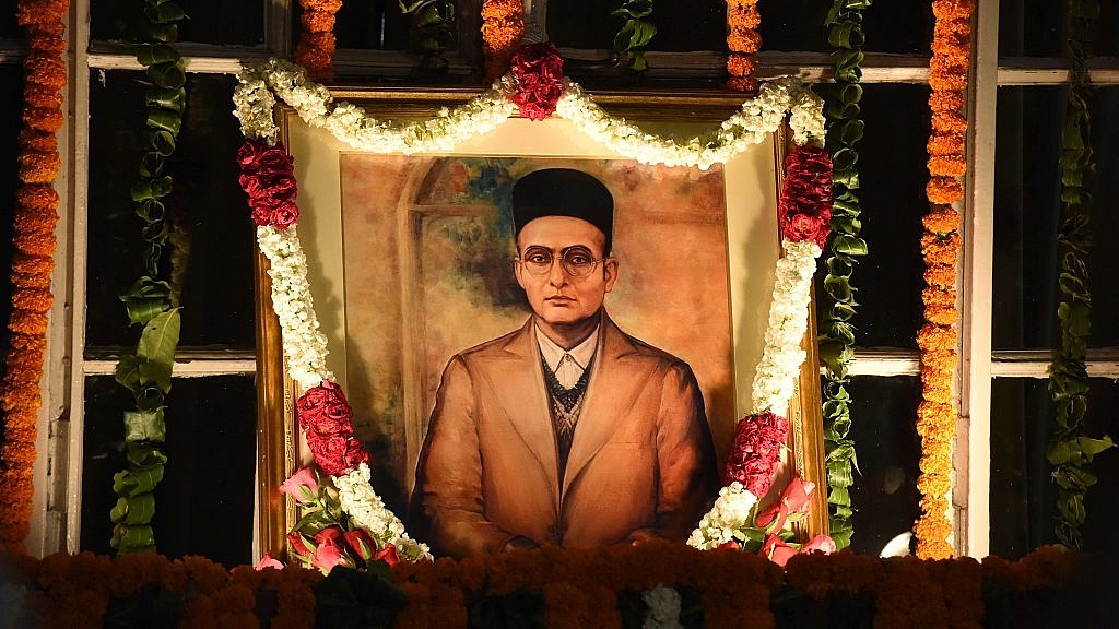 The portrait of Savarkar at the Central Hall of Parliament in New Delhi. (Sonu Mehta/HindustanTimes via GettyImages)