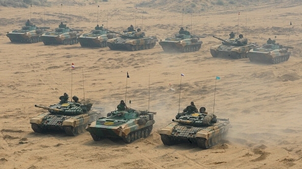 Tanks participate in an earlier India-Russia joint military drill at the Mahajan Field Firing Range in Rajasthan around 900 kilometres from Ahmedabad. (SAM PANTHAKY/AFP/GettyImages)&nbsp;