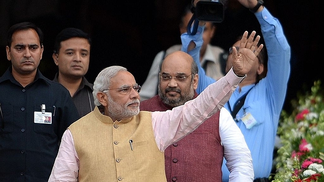 Prime Minister Narendra Modi and BJP president Amit Shah at a party event in Mumbai. (PUNIT PARANJPE/AFP/Getty Images)