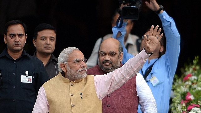 Prime Minister Narendra Modi and BJP president Amit Shah at a party event in Mumbai. (PUNIT PARANJPE/AFP/Getty Images)