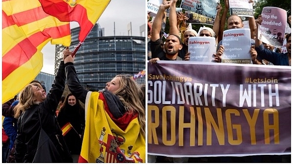 Women hold Spanish and Catalan flags during a demonstration against Catalonia’s independence. (PATRICK HERTZOG/AFP/Getty Images) / Indian demonstrators shout slogans as they protest against the treatment of Rohingya Muslims in Myanmar. (SAJJAD HUSSAIN/AFP/Getty Images)