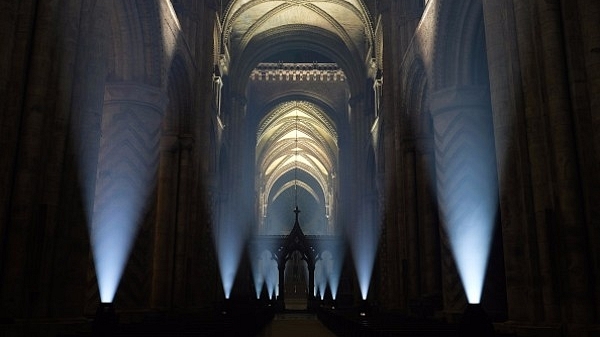  The inside of the historic Durham Cathedral is illuminated by a light installation titled ‘Methods’ by artist Pablo Valbuena in Durham, England. (Ian Forsyth/Getty Images)