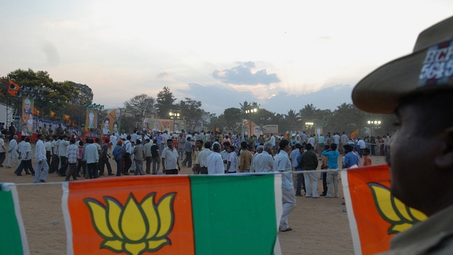 Supporters of BJP at Modis public Election Campaign meeting in Bangalore. (Photo by Hemant Mishra/Mint via Getty Images)