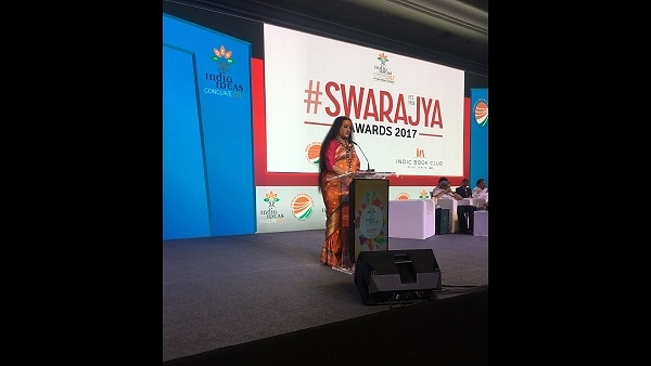 Laxmi Narayan Tripathi received Swarajya’s Sree Narayana Guru Award for social service at India Ideas Conclave, Goa.