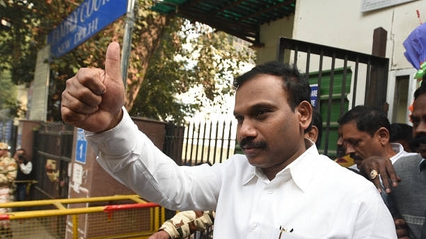 DMK leader and former union telecom minister A Raja with his supporters celebrating after the 2G case verdict by Patiala House Court. (Sonu Mehta/Hindustan Times via Getty Images)