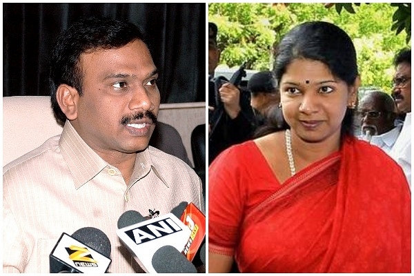 Former telecom minister and DMK leader A. Raja (left) and Kanimozhi. 