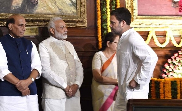 Prime Minister Narendra Modi and Congress vice-president Rahul Gandhi during a floral tribute ceremony on the portrait of Sardar Vallabhbhai Patel on his birth anniversary at Parliament House on 31 October  2017 in New Delhi.  (Arvind Yadav/Hindustan Times via Getty Images)