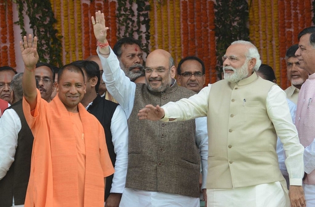 Prime Minister Narendra Modi, BJP president Amit Shah and  Uttar Pradesh  Chief Minister Yogi Adityanath in Lucknow. (Ashok Dutta/Hindustan Times via Getty Images)&nbsp;