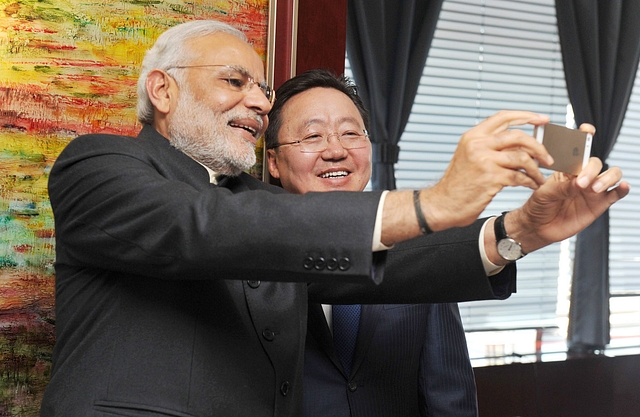 Prime Minister Narendra Modi and the former President of Mongolia,Tsakhiagiin Elbegdorj taking a selfie, in Mongolia in May 2015. (MEA/Flickr)