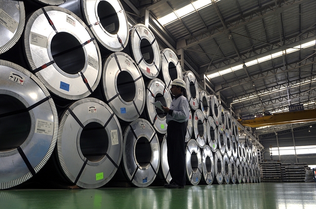 Steel rolls kept in a godown at Vile Bhagad MIDC Industrial Area. (Abhijit Bhatlekar/Mint via Getty Images)