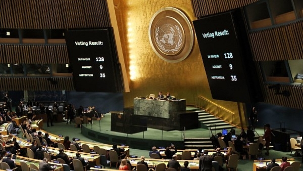 <p>The voting results are displayed on the floor of the United Nations General Assembly in which the US declaration of Jerusalem as Israel’s capital was declared ‘null and void’. (Spencer Platt/Getty Images)</p>