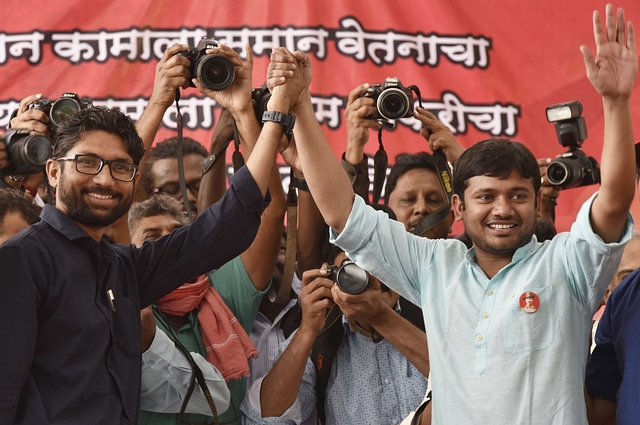 Left-wing activist Kanhaiya Kumar with politician Jignesh Mewani at Azad Maidan. (Anshuman Poyrekar/Hindustan Times via Getty Images)