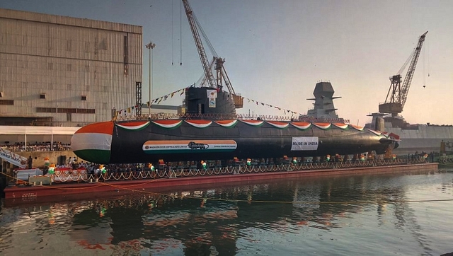 India’s third Scorpene-class submarine, Karanj, launched at Mazagon Dock, Mumbai.(<a href="https://twitter.com/indiannavy">@<b>indiannavy</b></a>/Twitter)