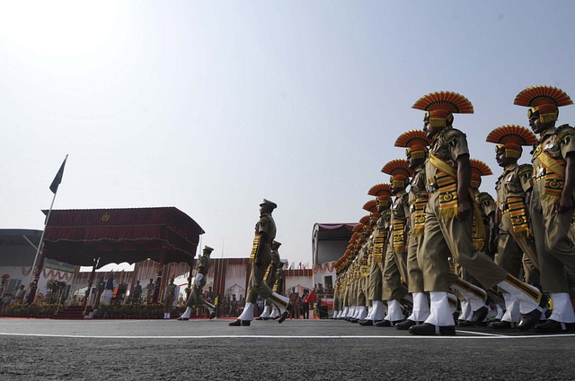 Union Home Minister Rajnath Singh being given guard of honour during 56th Raising Day of ITBP. (Sunil Ghosh/Hindustan Times via Getty Images)