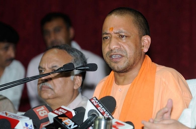 Uttar Pradesh Chief Minister Yogi Adityanath addresses a press conference after visiting the BRD hospital in Gorakhpur. (Deepak Gupta/Hindustan Times via GettyImages)&nbsp;