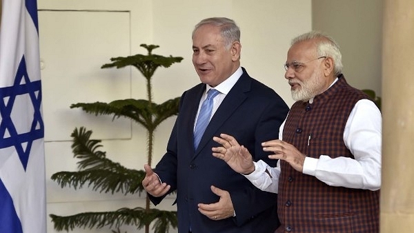 Indian Prime Minister Narendra Modi and Israeli Prime Minister Benjamin Netanyahu seen prior to a delegation-level talks, at Hyderabad House in New Delhi, India. (Ajay Aggarwal/Hindustan Times via Getty Images)