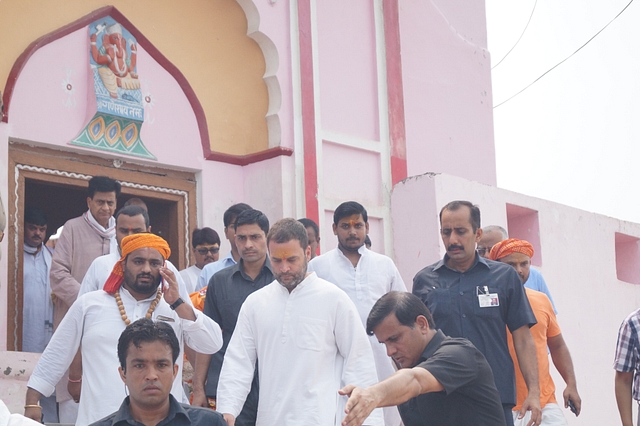 Rahul Gandhi invokes Lord Hanuman at the historic Haunman Garhi temple in Ayodhya. (Ravindra Pratap Singh/Hindustan Times via Getty Images)