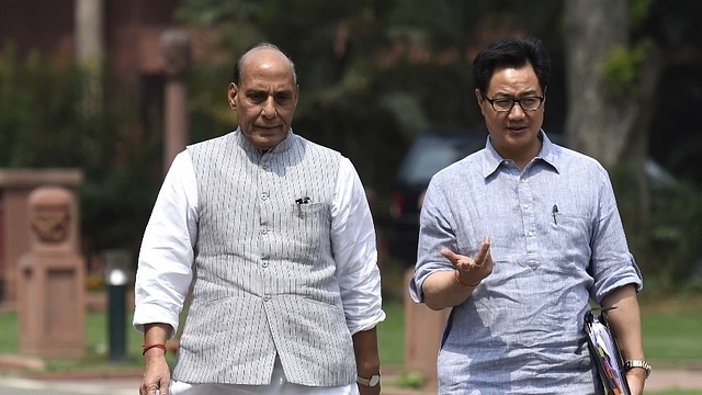 Rajnath Singh with Kiren Rijiju. (Arvind Yadav/Hindustan Times via Getty Images)