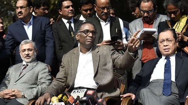 Supreme Court Judges Kurian Joseph, J Chelameswar, Ranjan Gogoi addressing the media in New Delhi. (Arvind Yadav/Hindustan Times via Getty Images)