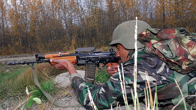 An Indian soldier with the INSAS rifle, during a military exercise. (Pvt. Howard Ketter/Wikipedia) 