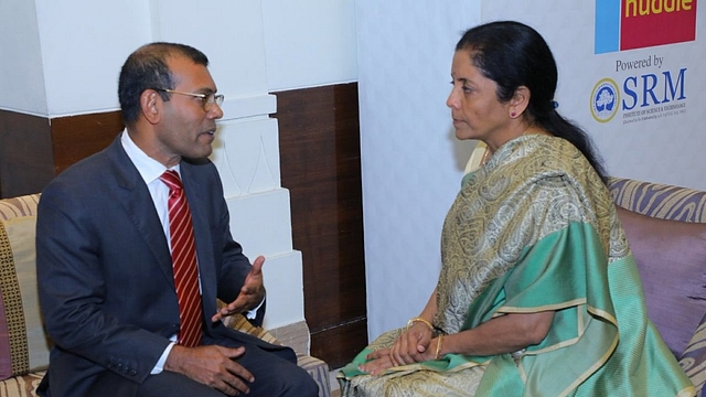 Maldives’ exiled former President Mohamed Nasheed&nbsp; with Defence Minister Nirmala Sitharaman. (Mohamed Nasheed/Twitter)