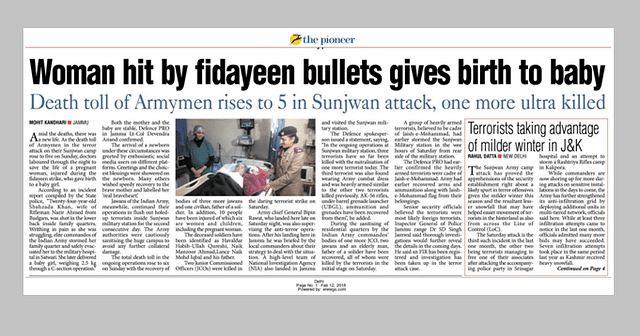 The <i>Pioneer</i>’s Delhi edition (12 February 2018). While the rest of the newspaper’s editions used ‘terrorists’, Delhi and Dehradun editions used ‘ultras’.