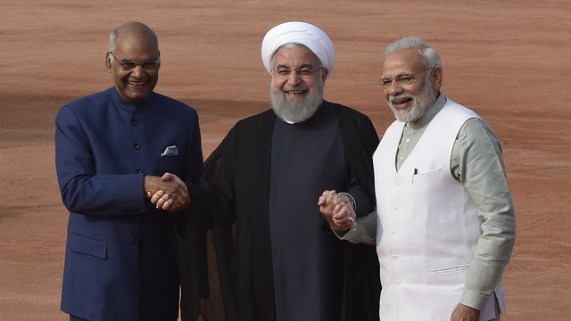 Iranian President Dr. Hassan Rouhani with President Ramnath Kovind and PM Narendra Modi during a ceremonial reception at Rashtrapati Bhavan, on February 17, 2018 in New Delhi, India. (Photo by Vipin Kumar/Hindustan Times via Getty Images)