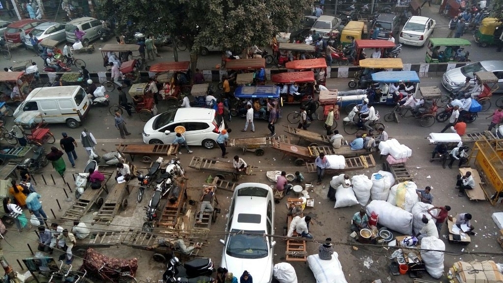 Traffic congestion in Old Delhi: The streets of Old Delhi are known for their notorious traffic; cyclists and pedestrians can hardly walk here. (Ekta Chauhan/Swarajya)
