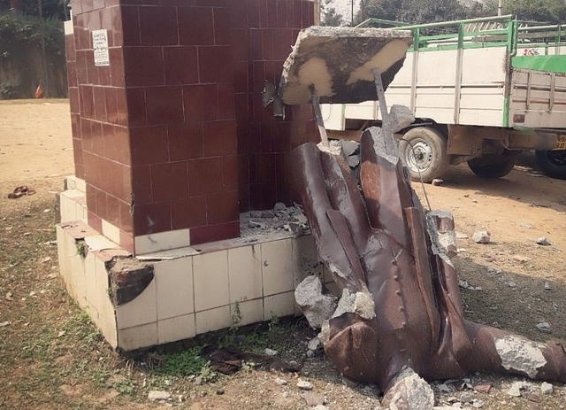 The broken Lenin statue at Sabroom Motor Stand in Tripura.