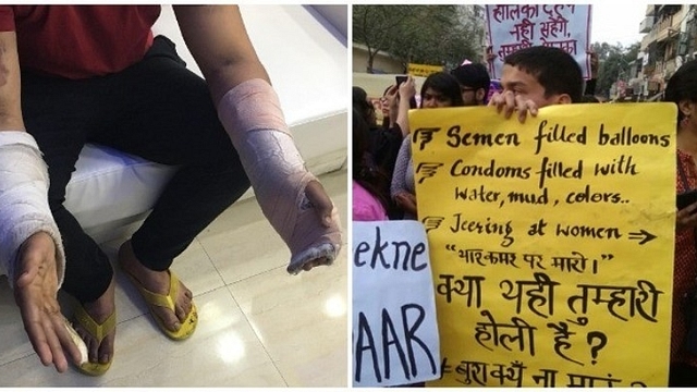 (Left) A youth was beaten to near death on Holi. (Right) Protests over unverified claims on semen-filled water balloons.