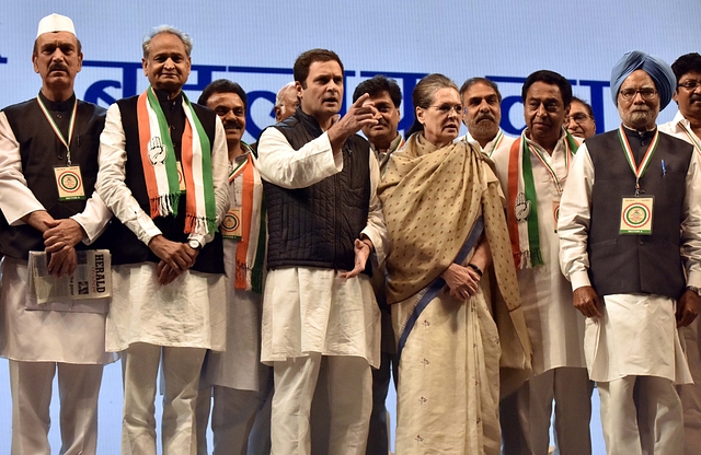 Congress Party president Rahul Gandhi, Sonia Gandhi, Ghulam Nabi Azad and Dr Manmohan Singh and other leaders during the second day of the 84th Plenary Session of Indian National Congress at the Indira Gandhi stadium, on 18 March 2018 in New Delhi. (Sonu Mehta/Hindustan Times via Getty Images)