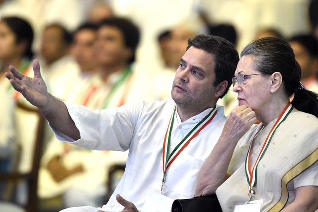 Congress president Rahul Gandhi with party chairperson Sonia Gandhi during the 84th Plenary Session of Indian National Congress (INC) at the Indira Gandhi Stadium on 17 March 2018 in New Delhi. (Arvind Yadav/Hindustan Times via GettyImages)&nbsp;