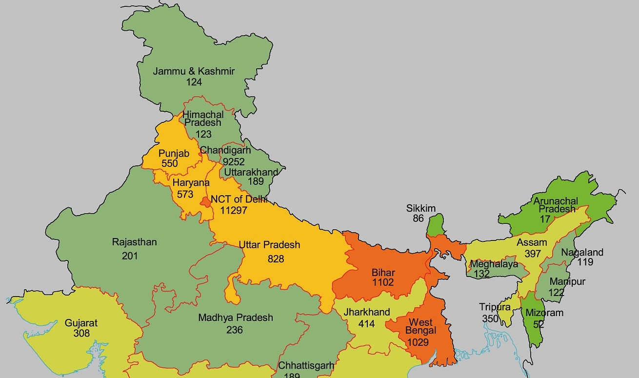 North India with the population density figures as per Census 2011.